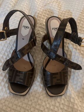 Fendi Brown FF Logo Crisscross Slingback Heels